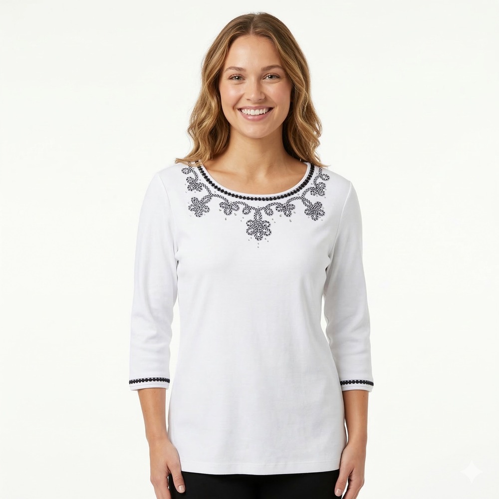 Alfred Dunner Women's Large White Gingham Floral Embroidered Rhinestone Knit Top